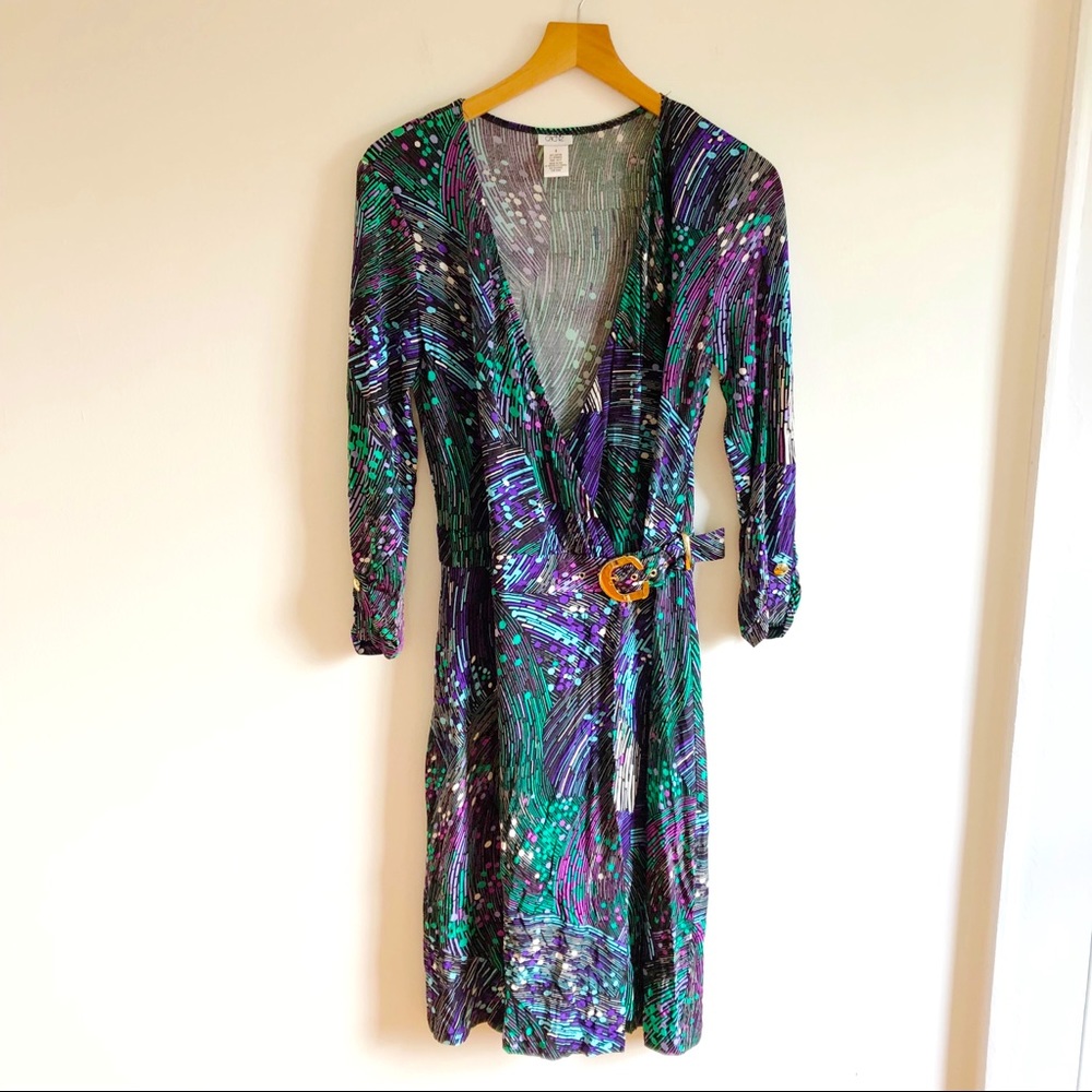 Cache wrap dress with gold C buckle